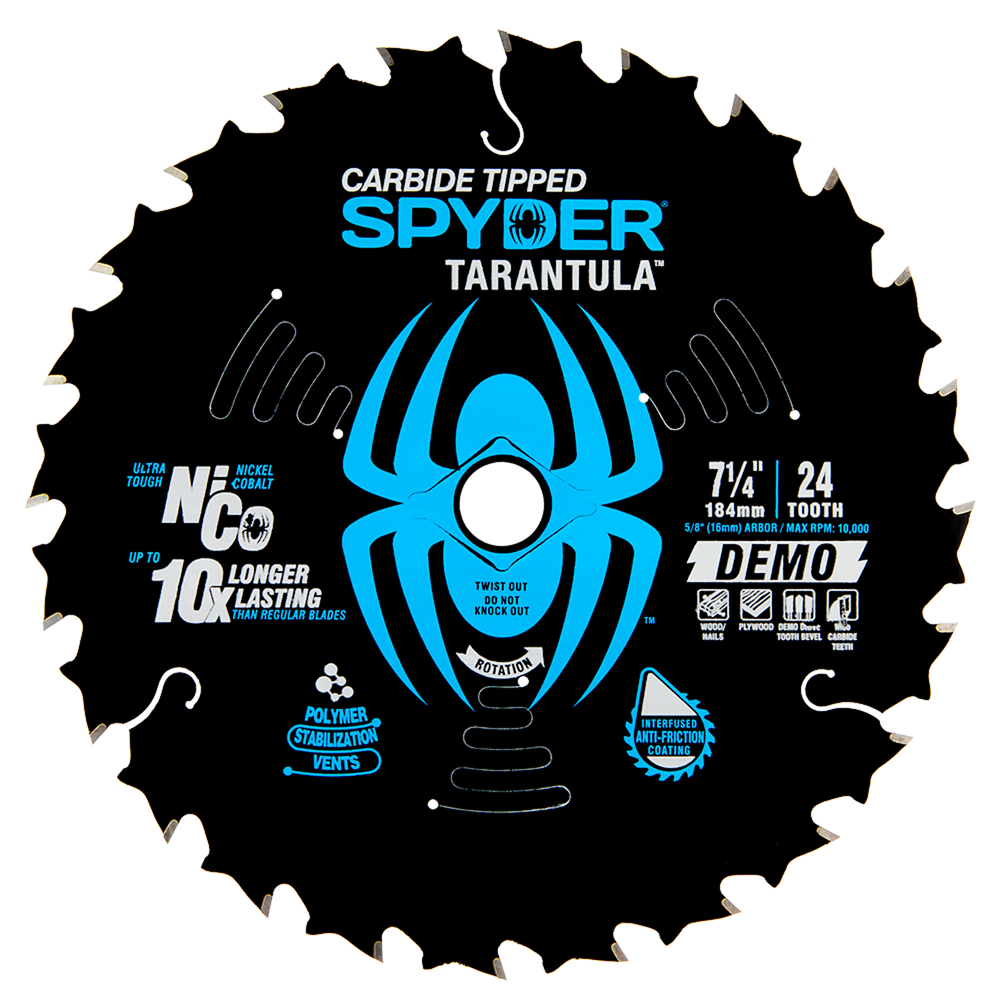 SPYDER, Demo 7-1/4in. 24T TCT Stl Circ Tarantula Saw Blade, Blade Diameter 7 1/4 in, Included (qty.) 1 Model# 13006